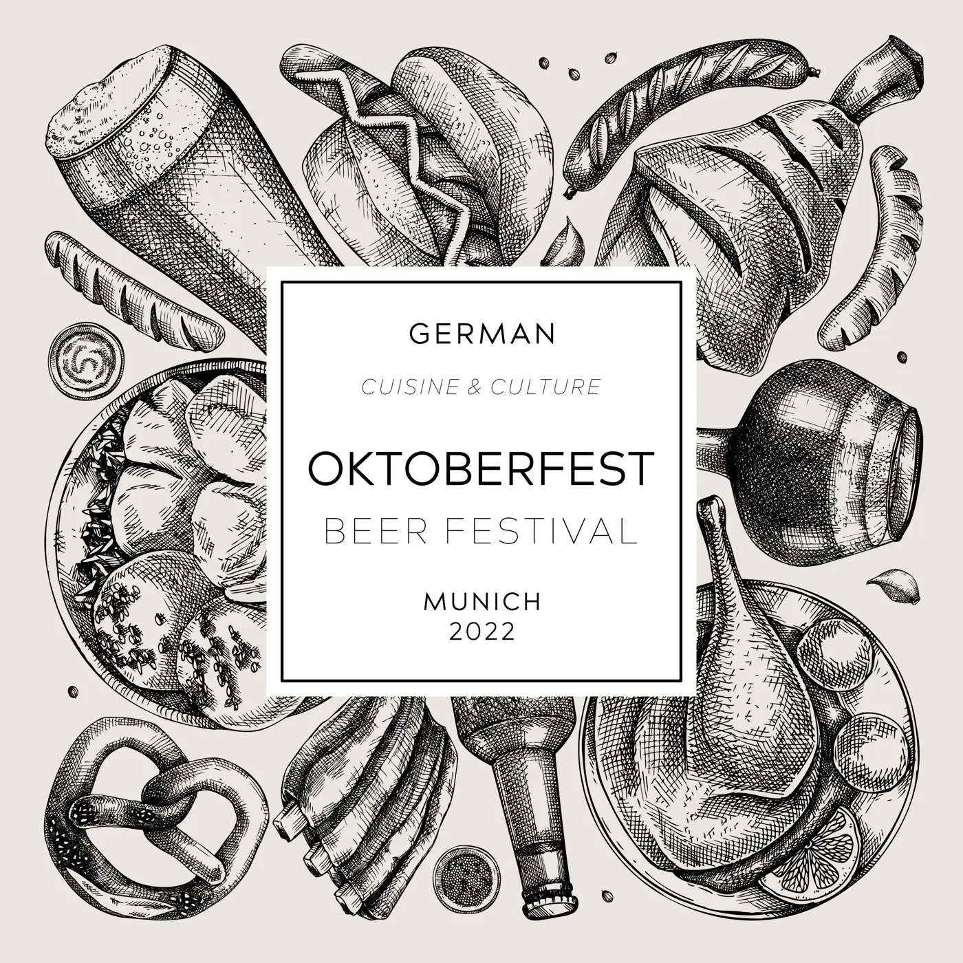 Oktoberfest wreath. German food and drinks menu design. Vector meat dishes sketches. German cuisine vintage frame. Oktoberfest party. Beer festival background in sketched style. Illustration